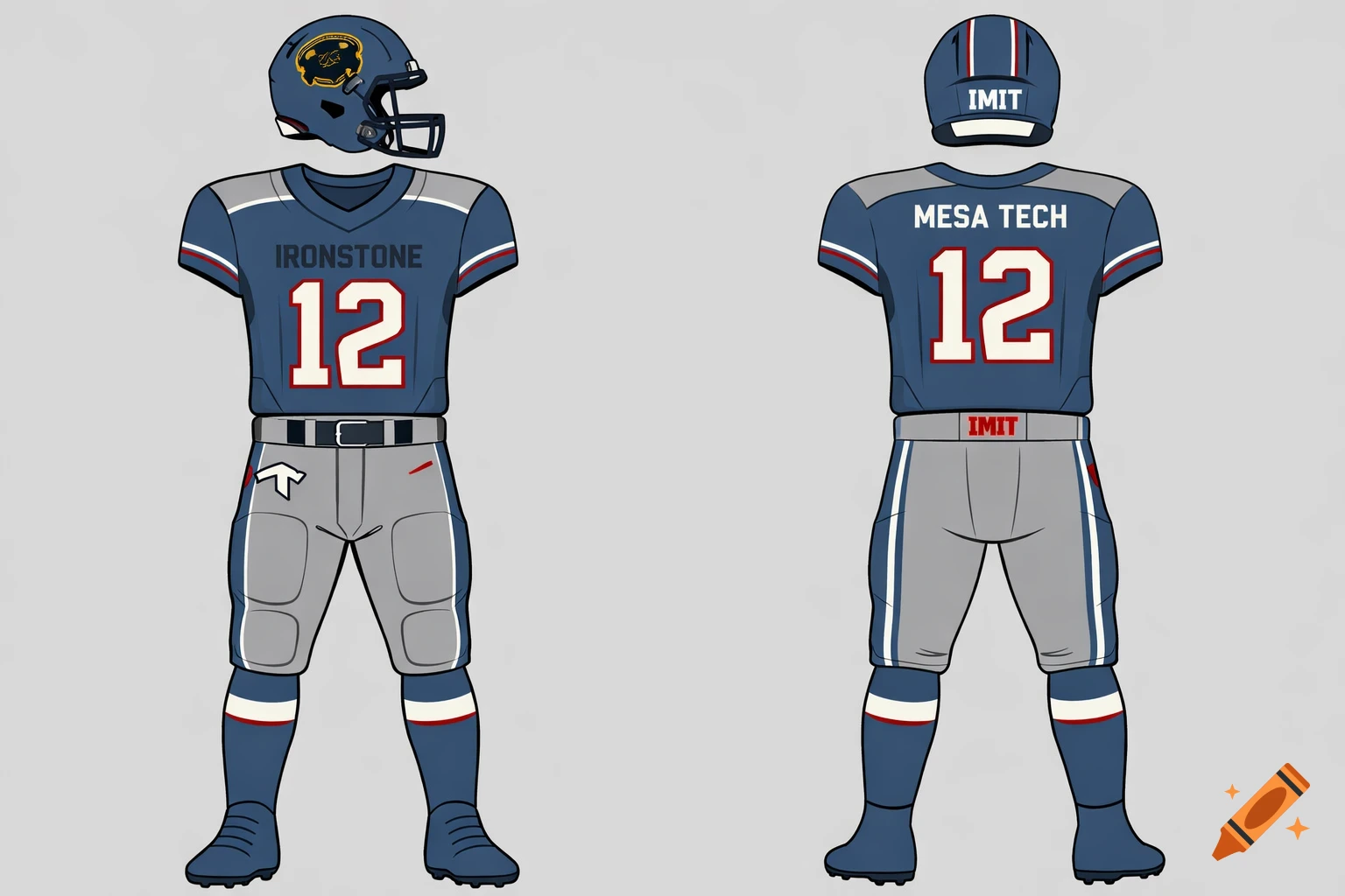 A front and back view of a 2D flat-style football uniform, featuring a blue helmet with a gold bear logo, a blue jersey with 'IRONSTONE' and number '12' on the front, 'MESA TECH' and '12' on the back, and gray pants.