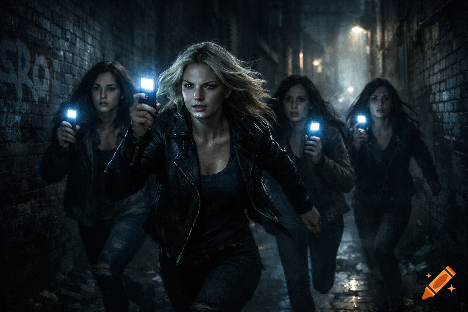 Four young women, one blonde and three brunettes, run with determined expressions through a dark, wet alley, illuminated by the bright screens of the phones they hold.