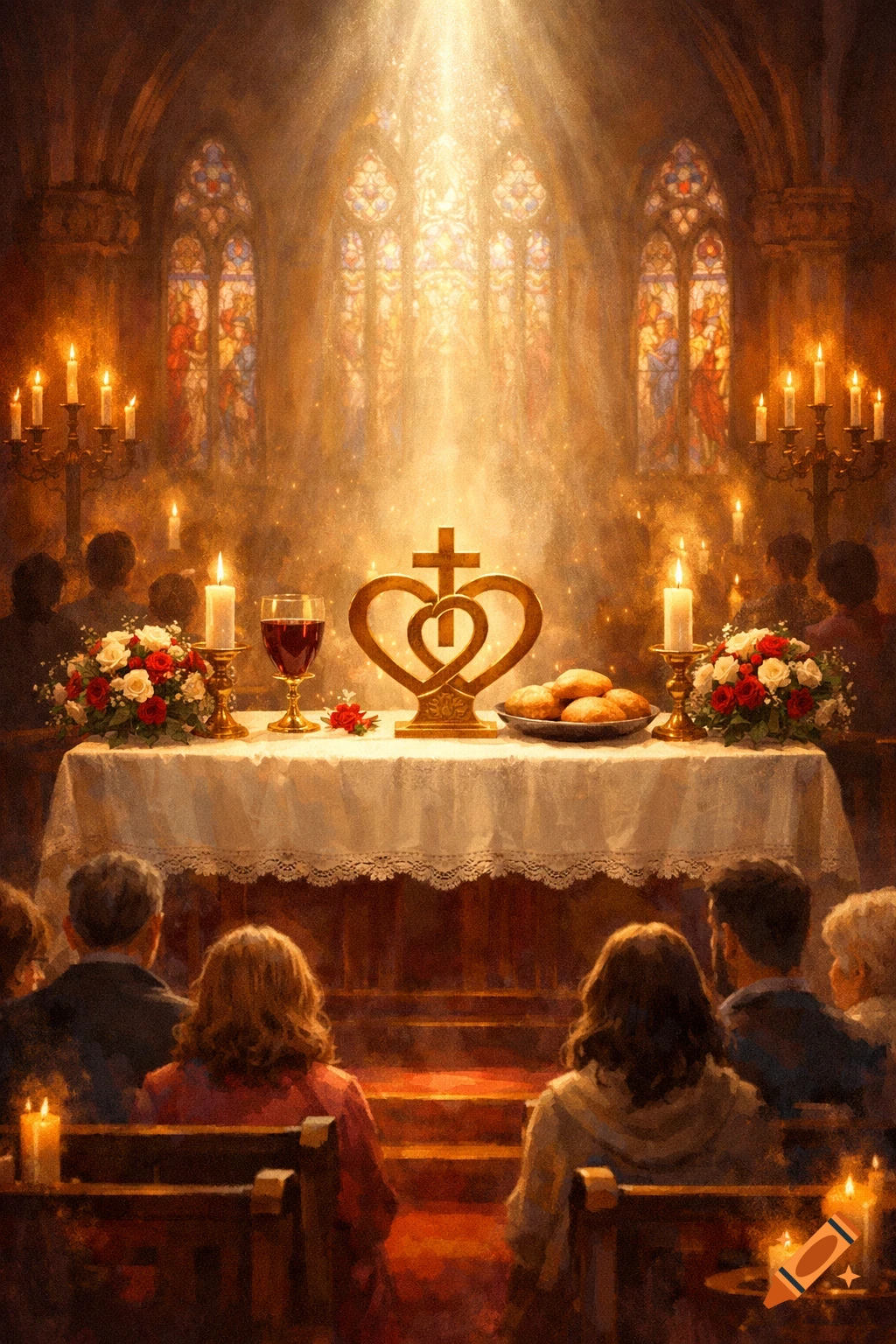 A candlelit church service with an altar featuring a golden heart and cross symbol, bread, wine, and flowers, attended by people.
