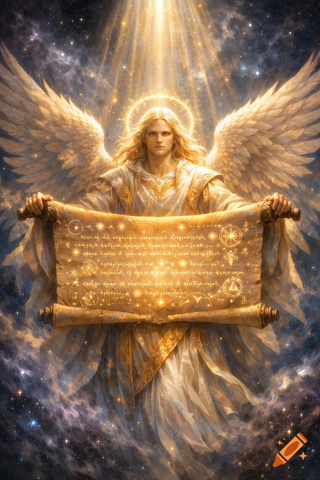 A majestic golden-haired angel with large wings holds a glowing scroll against a starry cosmos, bathed in heavenly light.