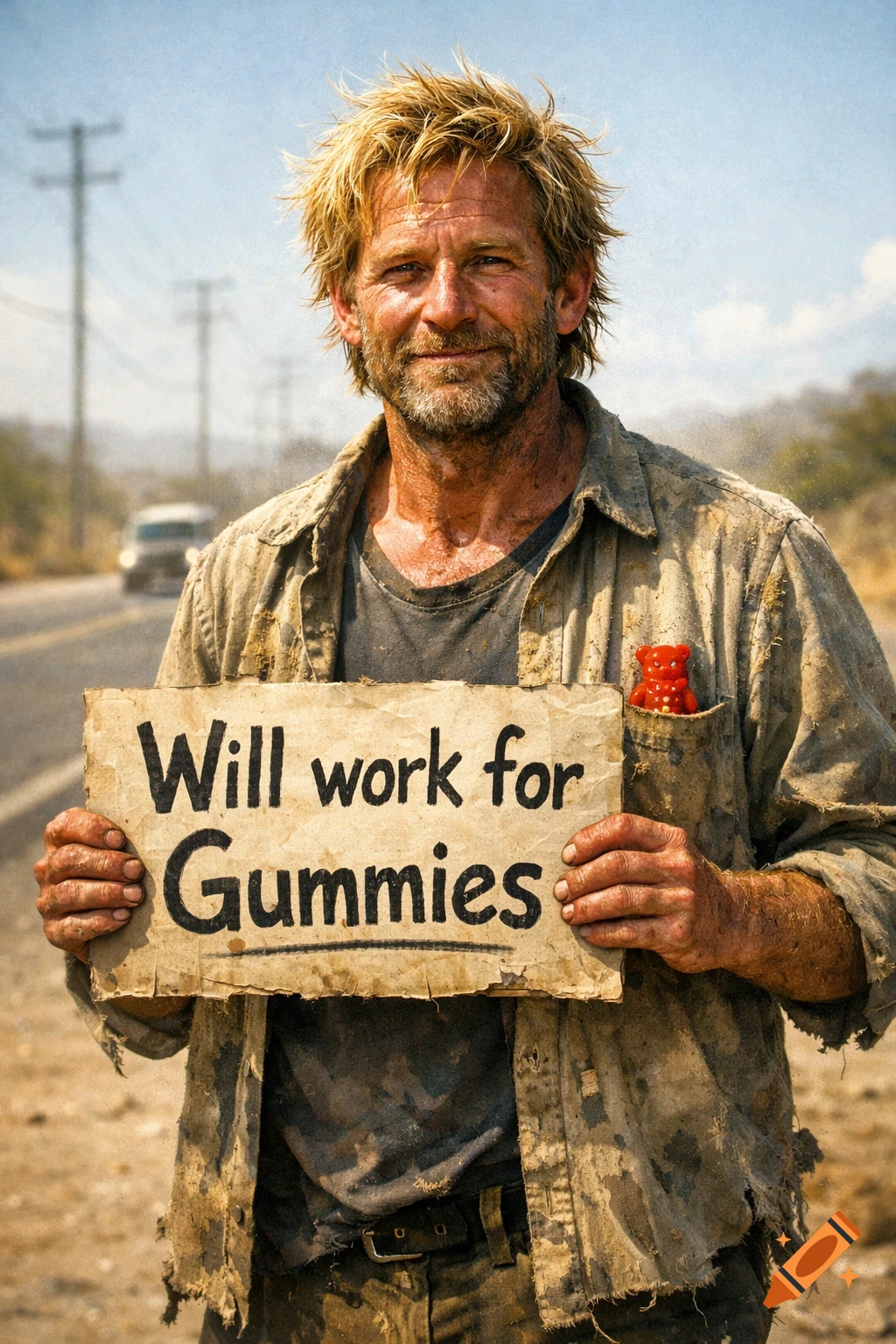A scruffy man with blonde hair and a beard holds a sign reading "Will work for Gummies" while standing on a dirt road.