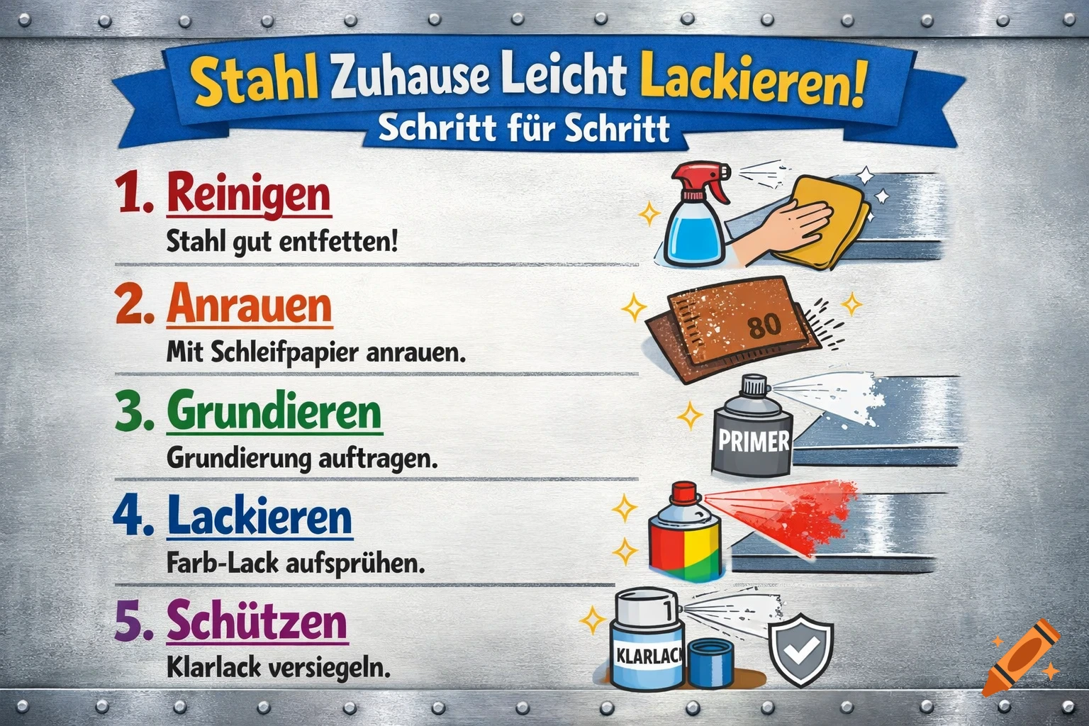 A cartoon infographic on a metal background illustrating 5 steps to paint steel at home, including cleaning, sanding, priming, painting, and protecting.