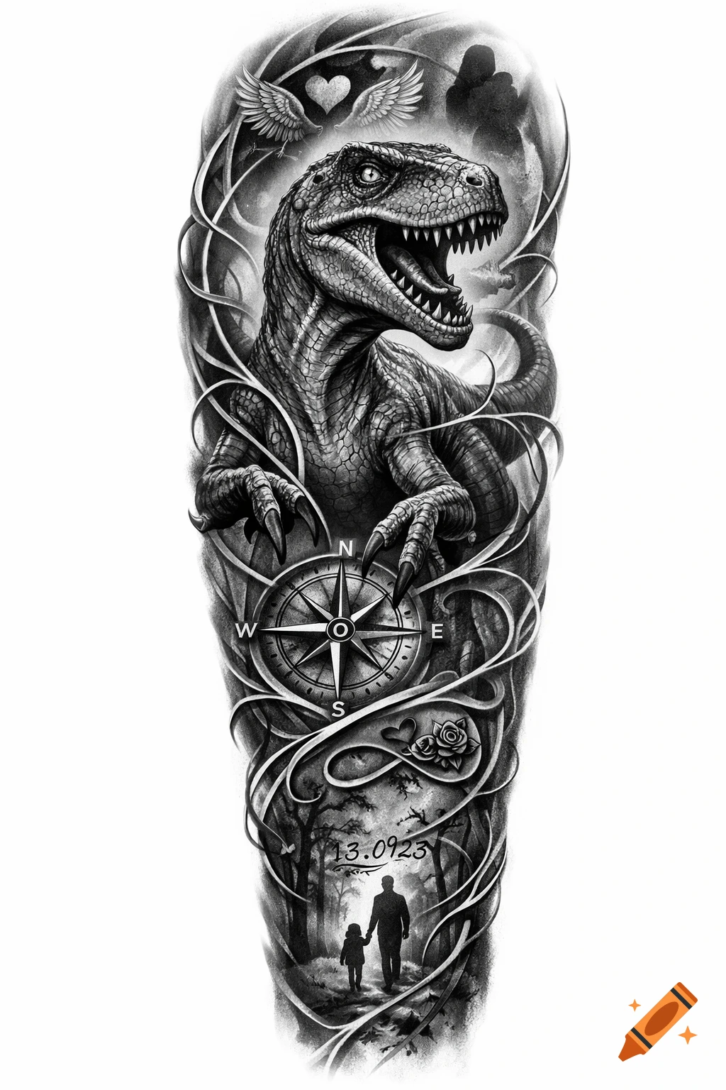 Realistic black and grey sleeve tattoo design featuring a Velociraptor, compass, intertwined vines, and a father and child with the date 13.09.23.