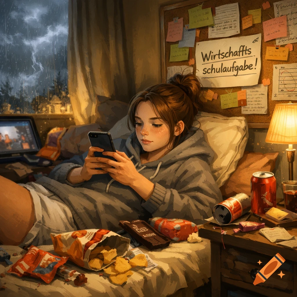 A cozy illustration of a teenage girl scrolling on her phone in bed, surrounded by snacks, with a stormy window and a pinboard of study notes.