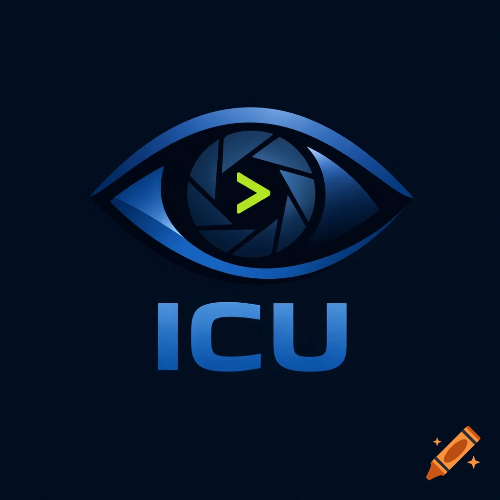 A dark blue eye logo with an aperture lens as the pupil, containing a green chevron. Below it, the blue text 'ICU' is displayed.