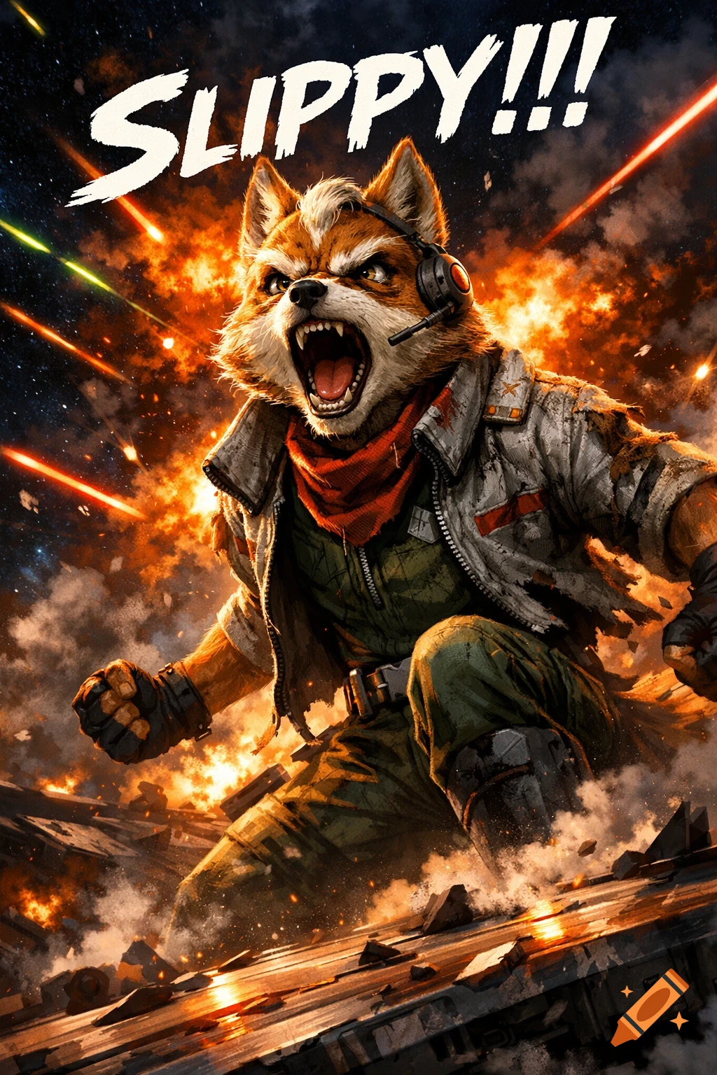 Dynamic illustration of an anthropomorphic fox in a pilot jacket and headset, roaring amidst sci-fi explosions and debris, with "SLIPPY!!!" text.