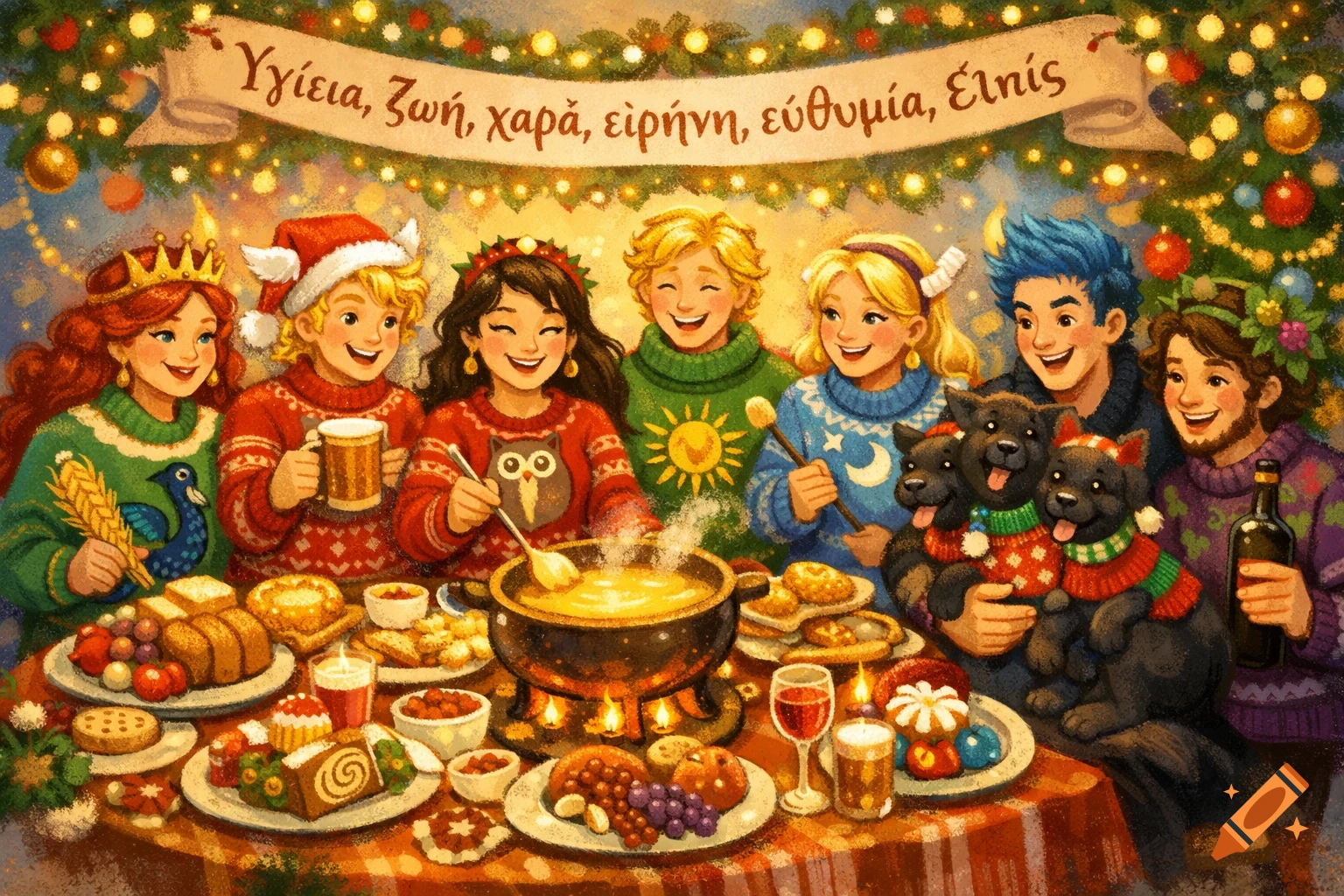 A group of smiling, cartoon-style characters and two dogs in Christmas sweaters gather around a fondue pot at a festive banquet, with a banner displaying Greek text.