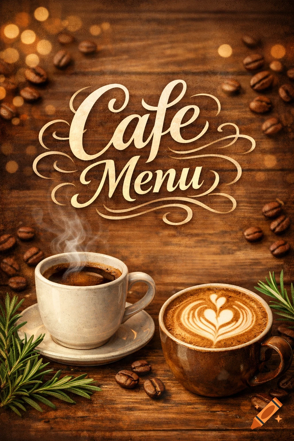 A top-down shot of a wooden table with coffee beans, two steaming coffee cups, and a sprig of rosemary, beneath elegant 'Cafe Menu' text.
