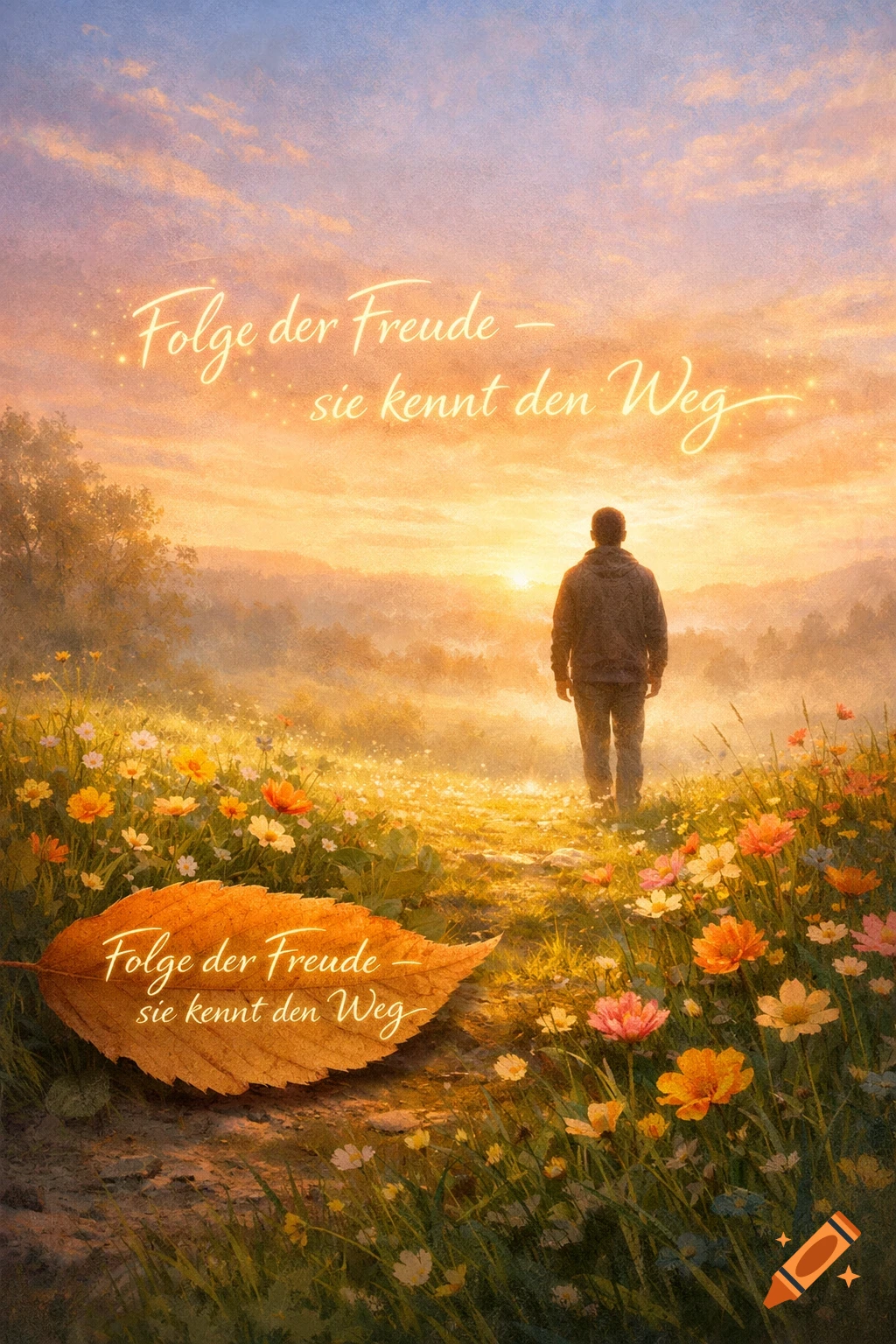 A person walks on a path through a vibrant flower field at sunset, with the German quote in the sky and on a leaf.