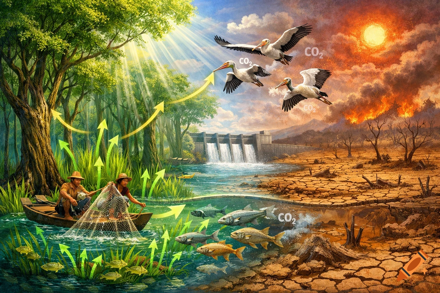Vibrant illustration contrasting a lush forest with fishing and healthy river life against a dry, burning landscape with a dam, labeled with CO2 and environmental arrows.