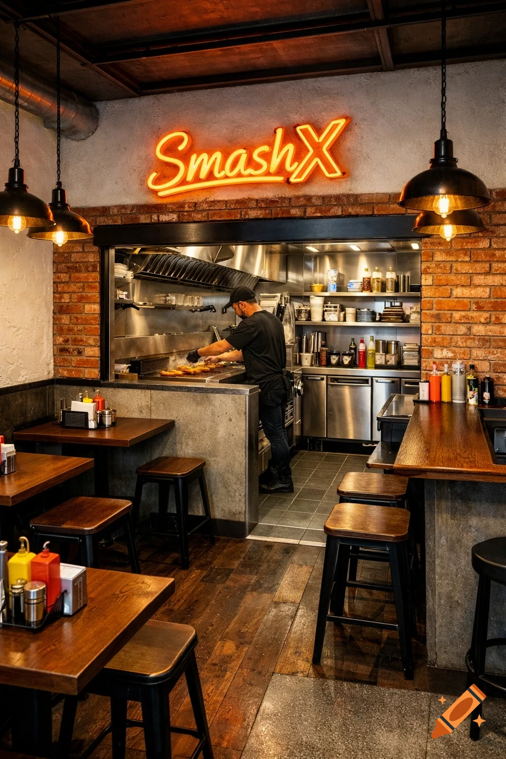 Photorealistic interior of an ultra-modern industrial burger restaurant with an open stainless steel kitchen where a chef cooks, and a neon "SmashX" sign above. Dark wood tables and concrete floors are visible in the seating area.