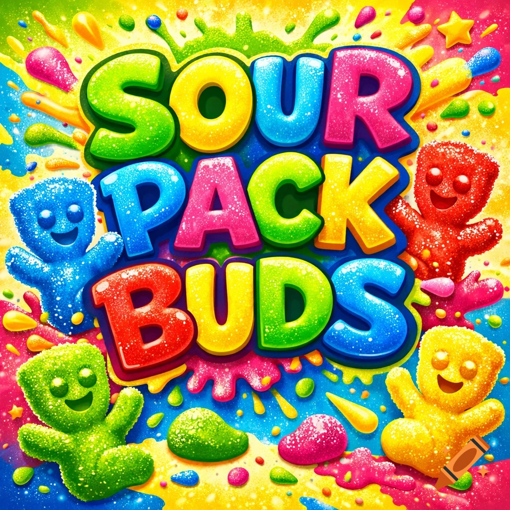 Colorful candy-like characters surround the glittery text "SOUR PACK BUDS" on a vibrant, splashy background.