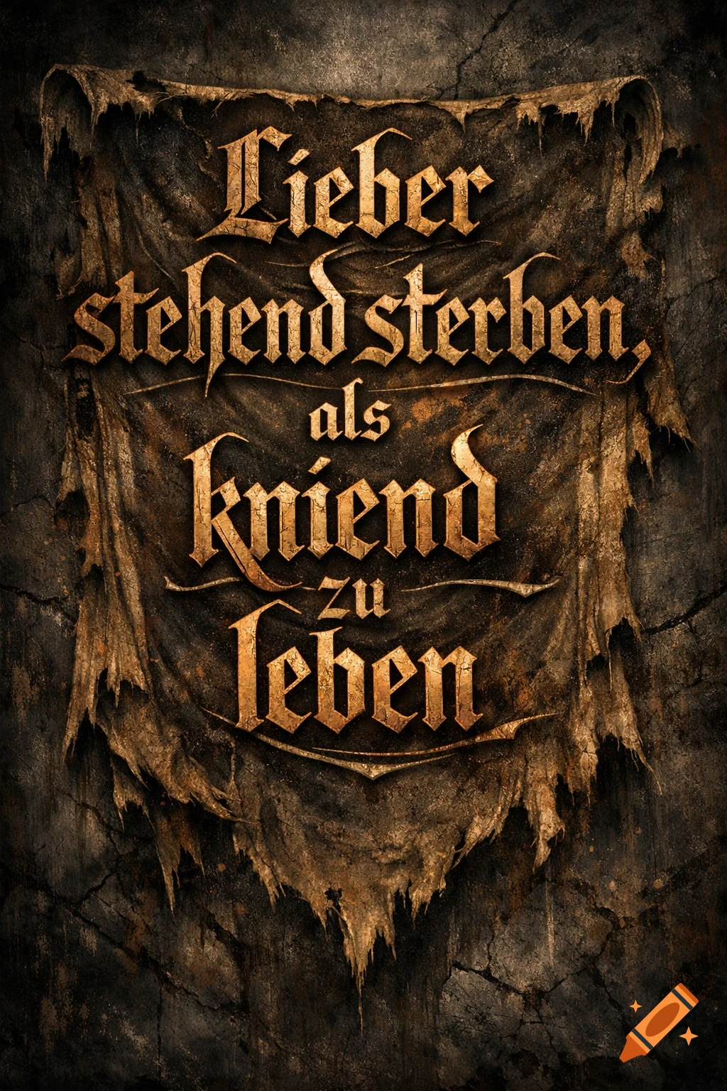 Ornate golden German text on a tattered, dark brown banner against a distressed dark background.