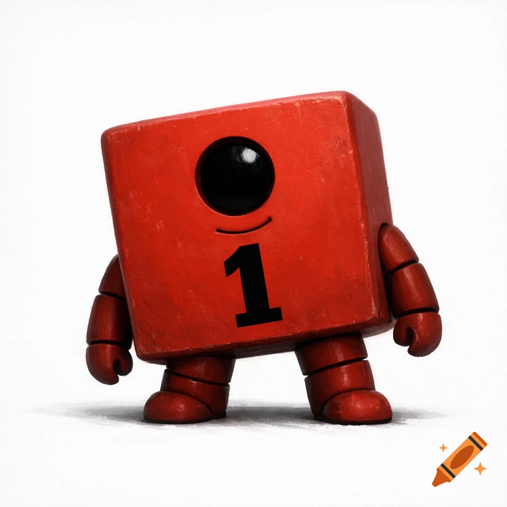 A red block character with a single black eye, a small smile, and the number one on its chest, with dark red segmented limbs.