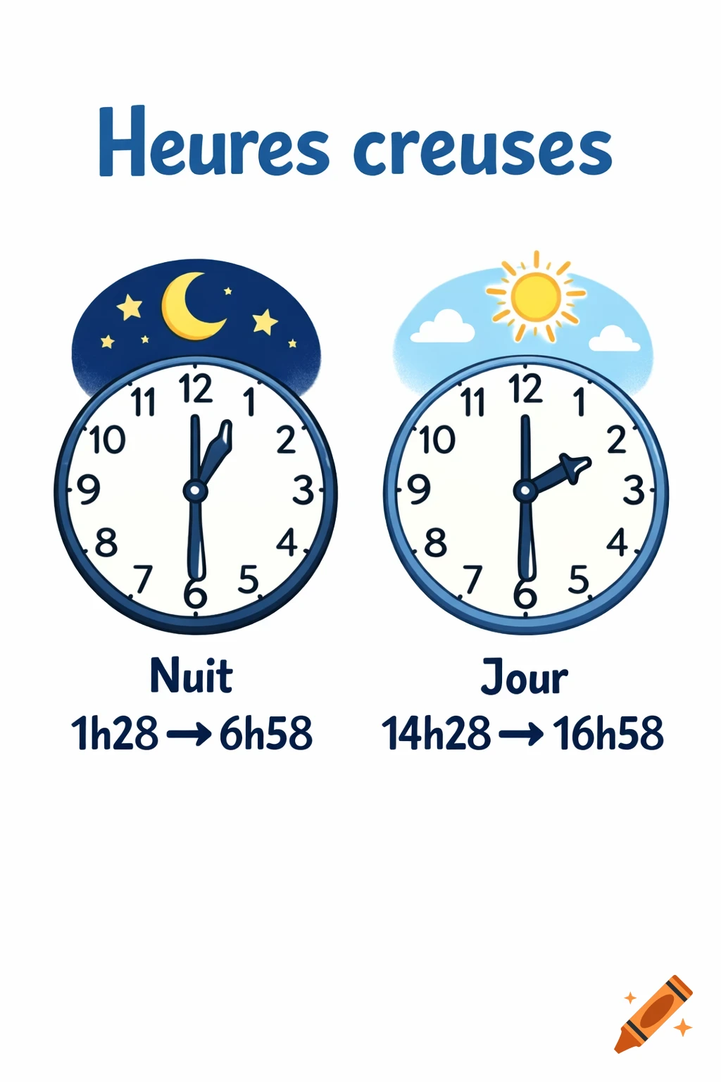 Illustration of two cartoon clocks representing 'Heures creuses' (off-peak hours). One clock depicts night (1:28-6:58) with a moon, the other depicts day (14:28-16:58) with a sun.