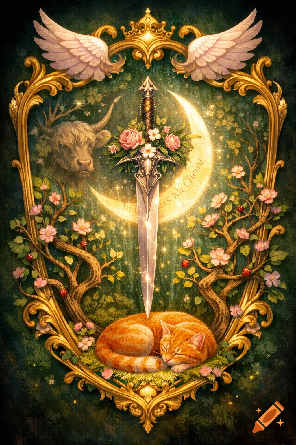 A whimsical gold-framed fantasy crest featuring a floral dagger, glowing crescent moon, sleeping orange cat, highland cow, and white wings, with ladybugs on flowering vines.