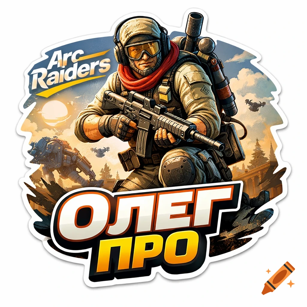 Stylized sticker illustration of a soldier in combat gear holding a rifle, with 'Arc Raiders' logo and 'ОЛЕГ ПРО' text, set against a background of a futuristic battle scene.