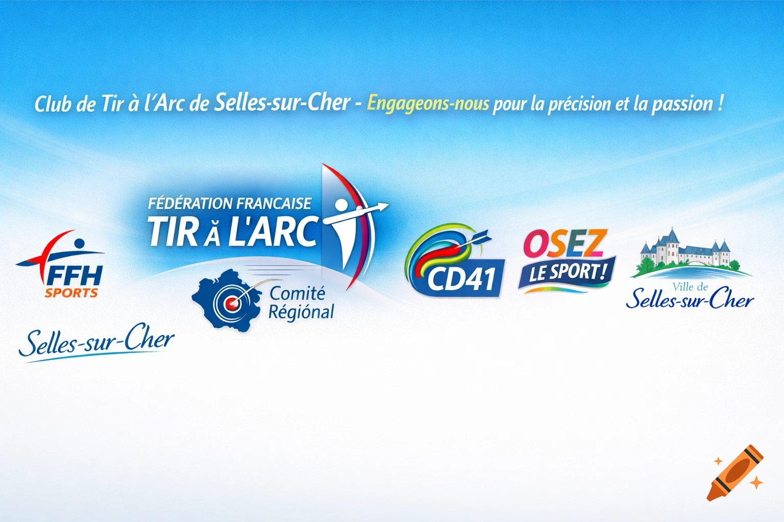 A blue and white banner for Club de Tir à l'Arc de Selles-sur-Cher, featuring several sports and local logos.