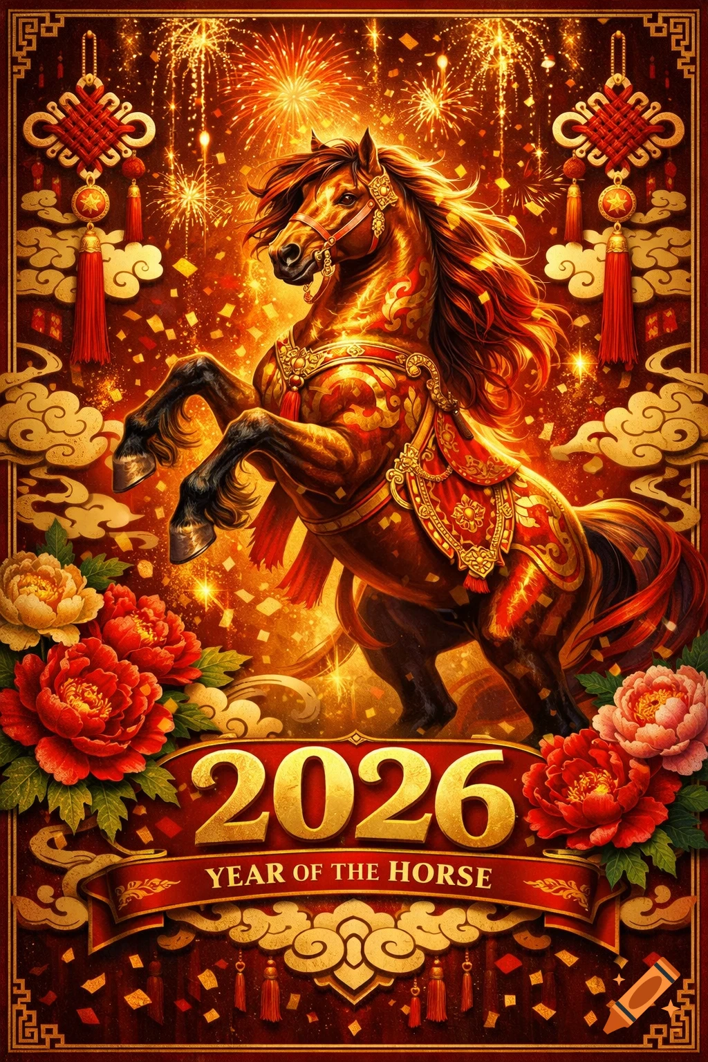 Vibrant illustrative poster for 2026 Year of the Horse, featuring a majestic ornate horse rearing amidst fireworks and traditional Chinese decorations.