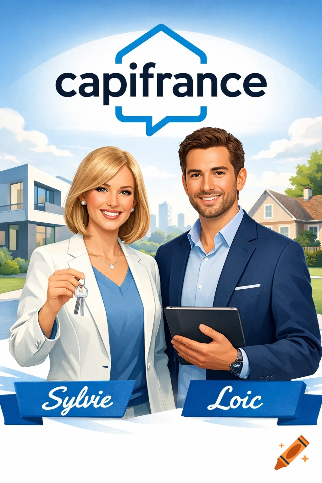 Cartoonish illustration of real estate agents Sylvie and Loic, with keys and a tablet, in front of houses and the capifrance logo.