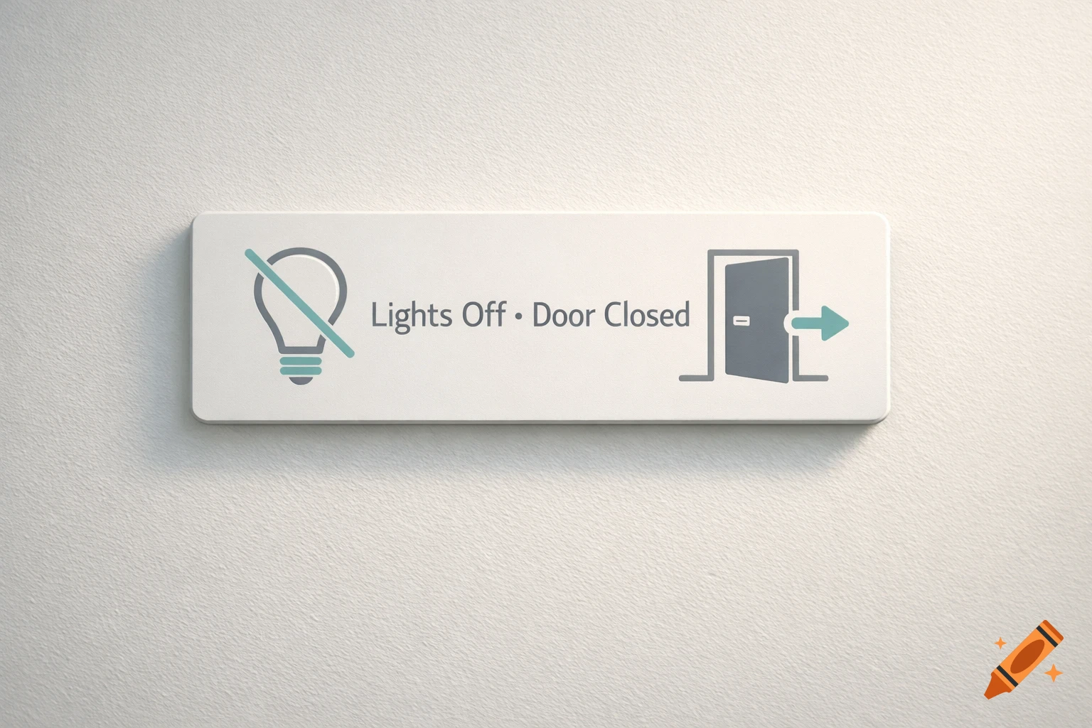 A minimalist sign on a white wall showing 'Lights Off' with a crossed-out lightbulb and 'Door Closed' with an arrow through an open door.