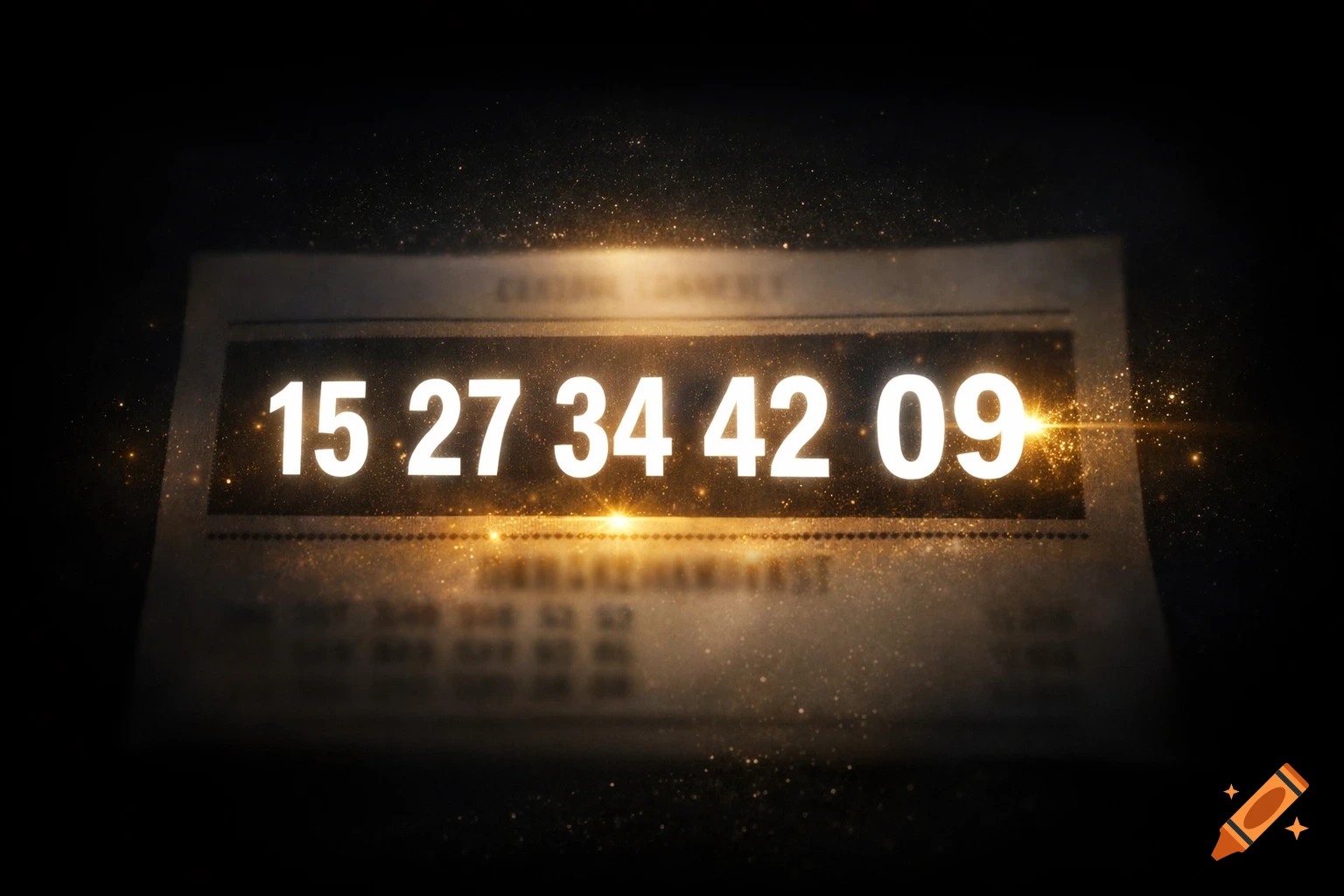 Close-up of a lottery ticket showing five glowing white numbers: 15, 27, 34, 42, 09, against a dark, sparkling background.