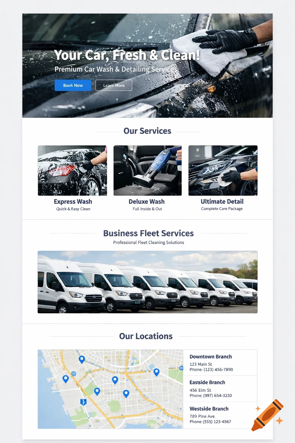 A clean, modern website design for a car wash service, featuring sections for services, fleet options, and locations with a map.