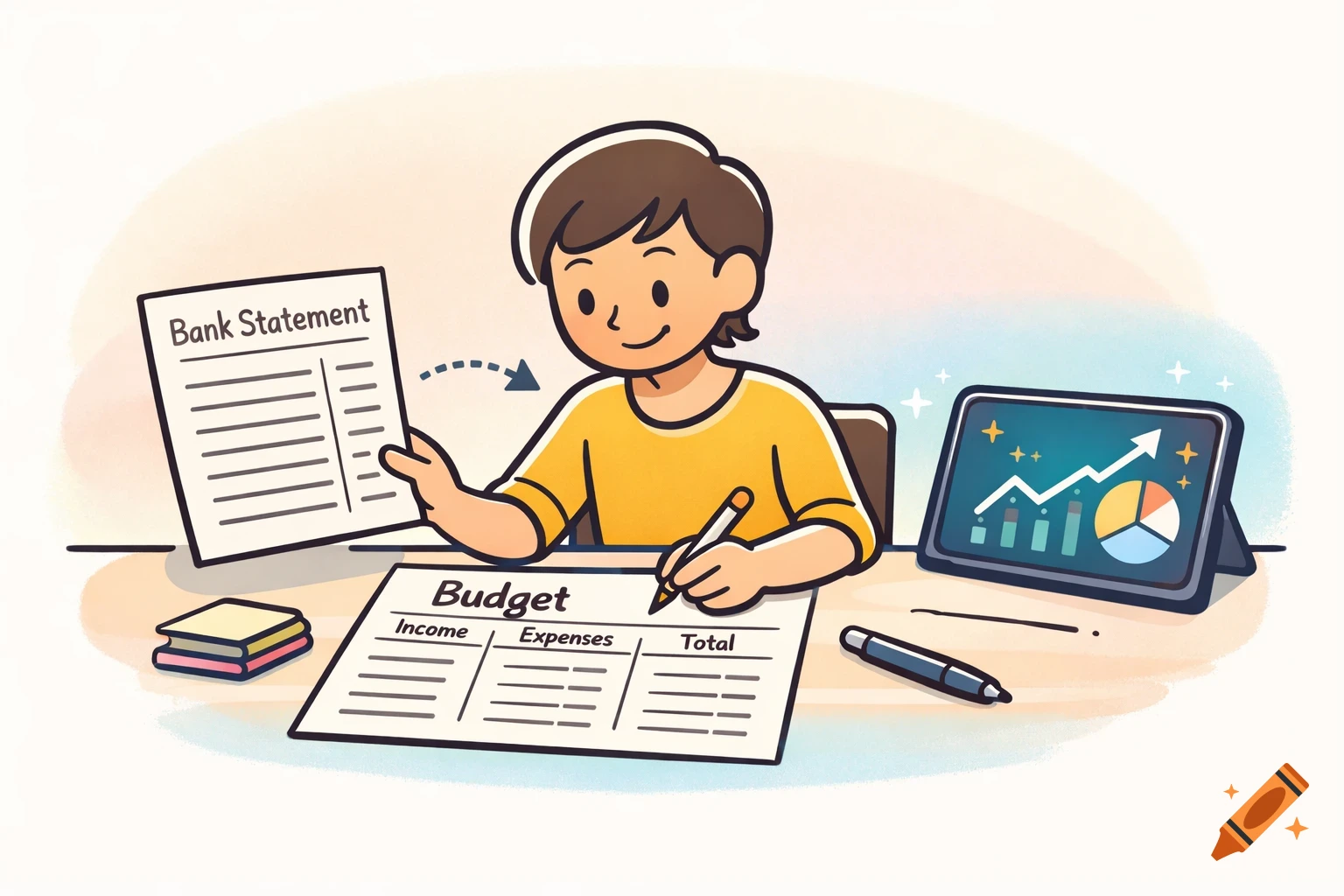 A cartoon person in a yellow shirt transferring information from a bank statement to a budget sheet, with a tablet displaying financial charts next to them.