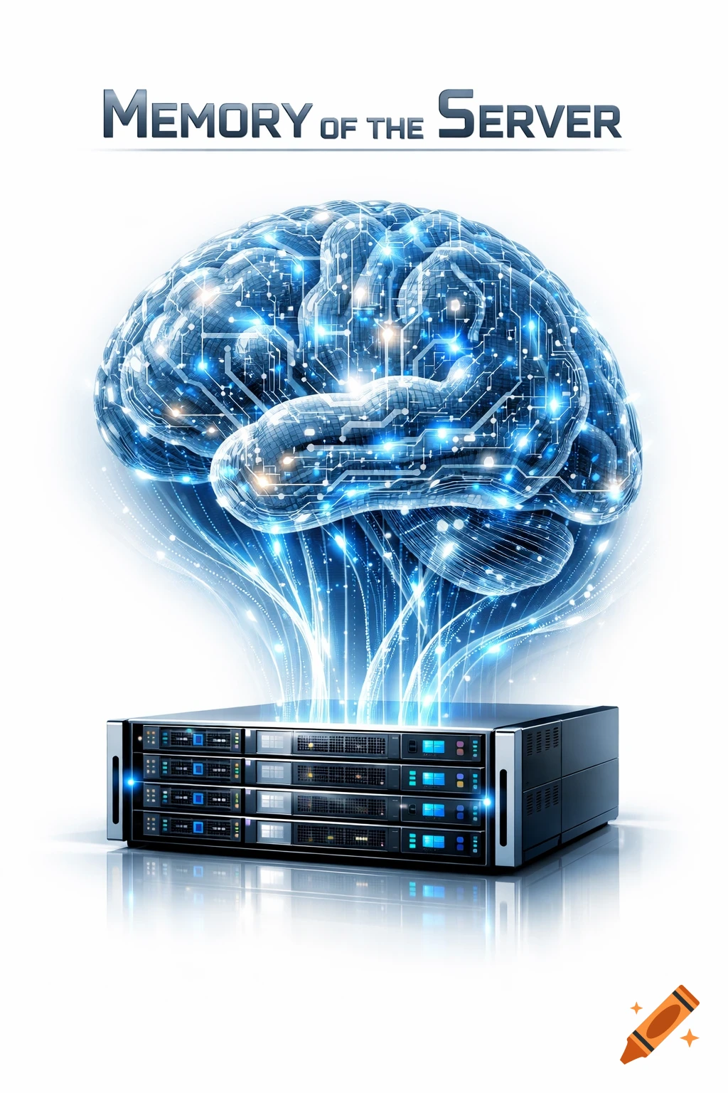 A glowing circuit brain above a server rack, with the text 'Memory of the Server' on a white background.