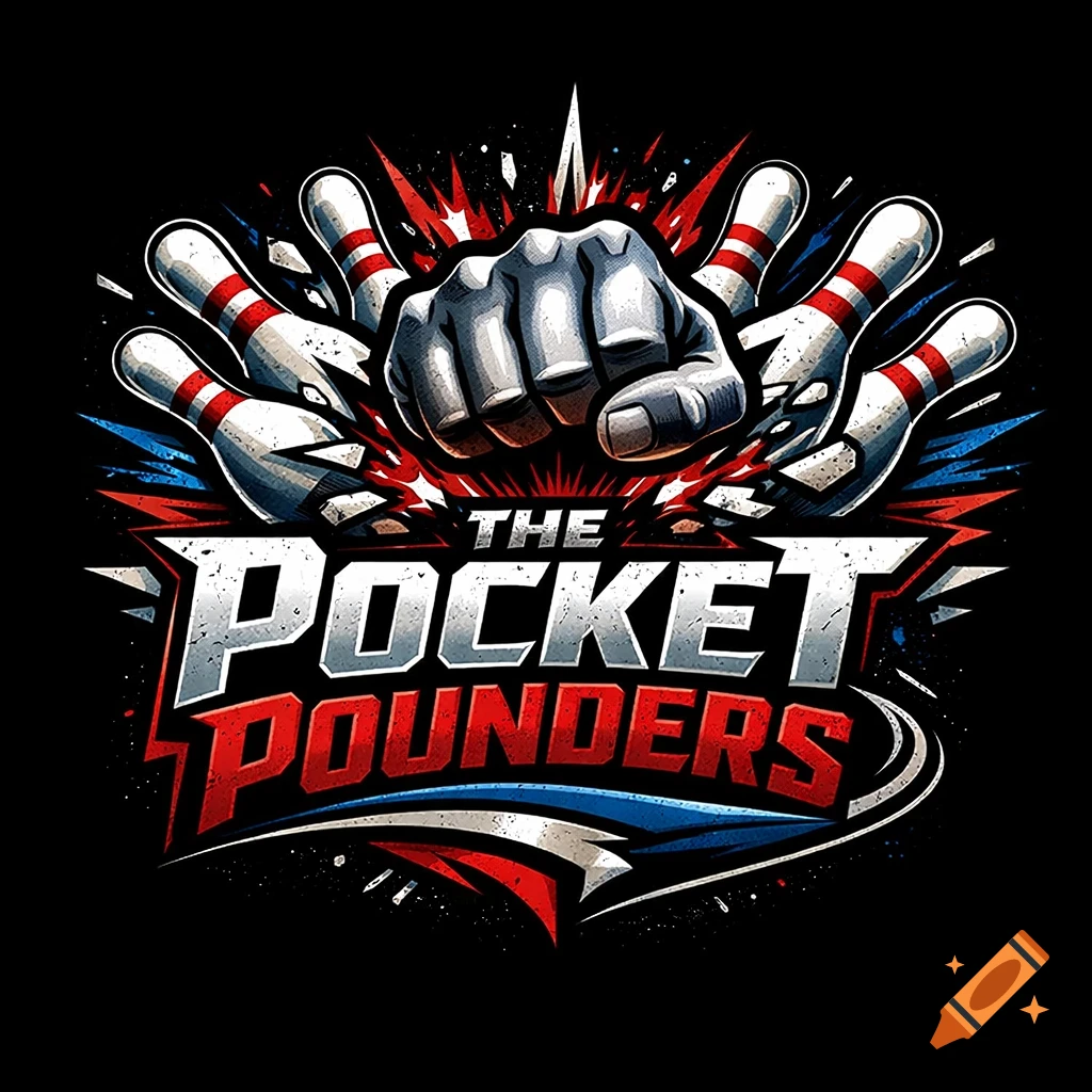 A bold, graphic bowling team logo featuring a fist punching through bowling pins, with the text 'THE POCKET POUNDERS'.