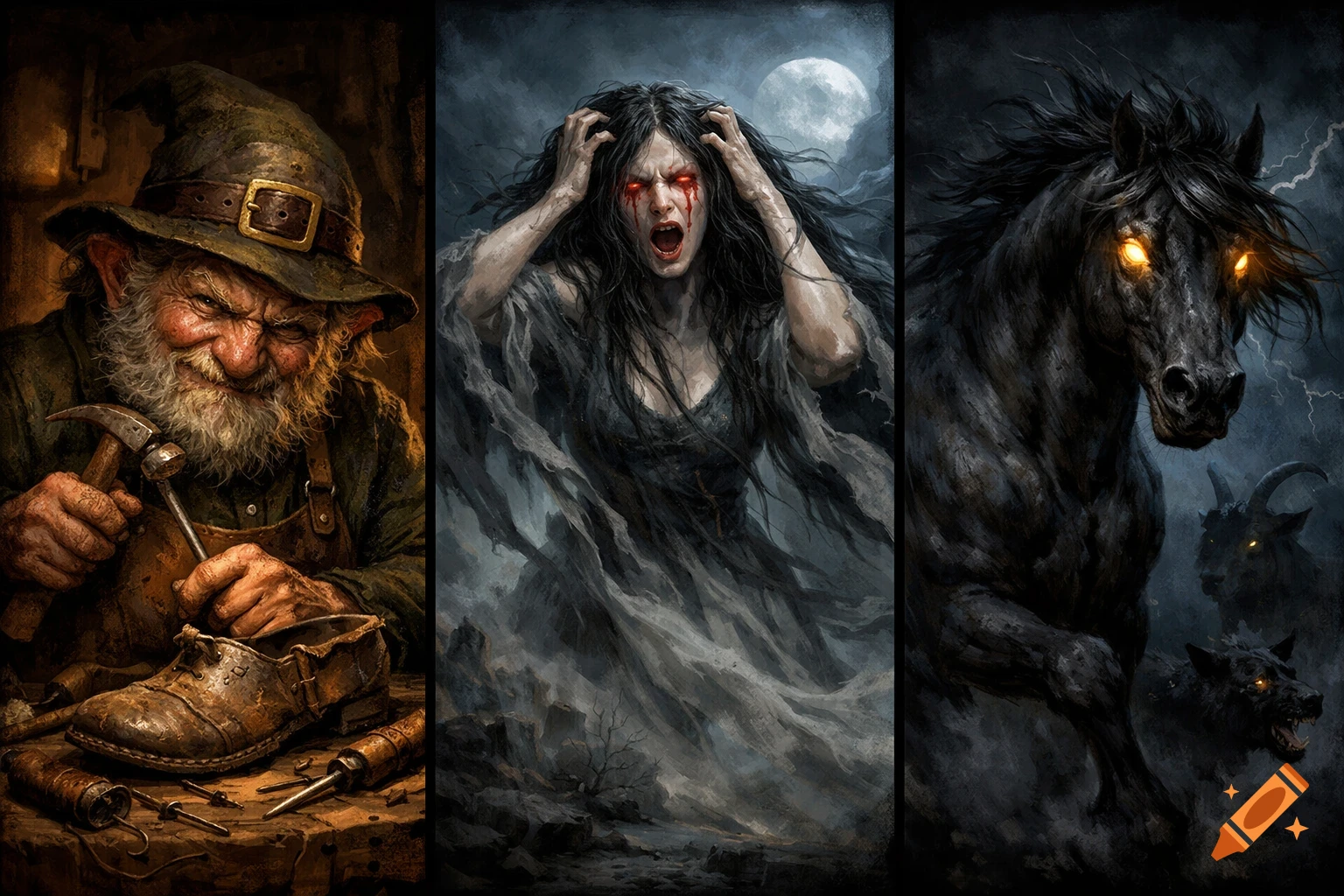 A triptych featuring a leprechaun cobbler, a screaming banshee with red tears, and a black horse with glowing eyes.