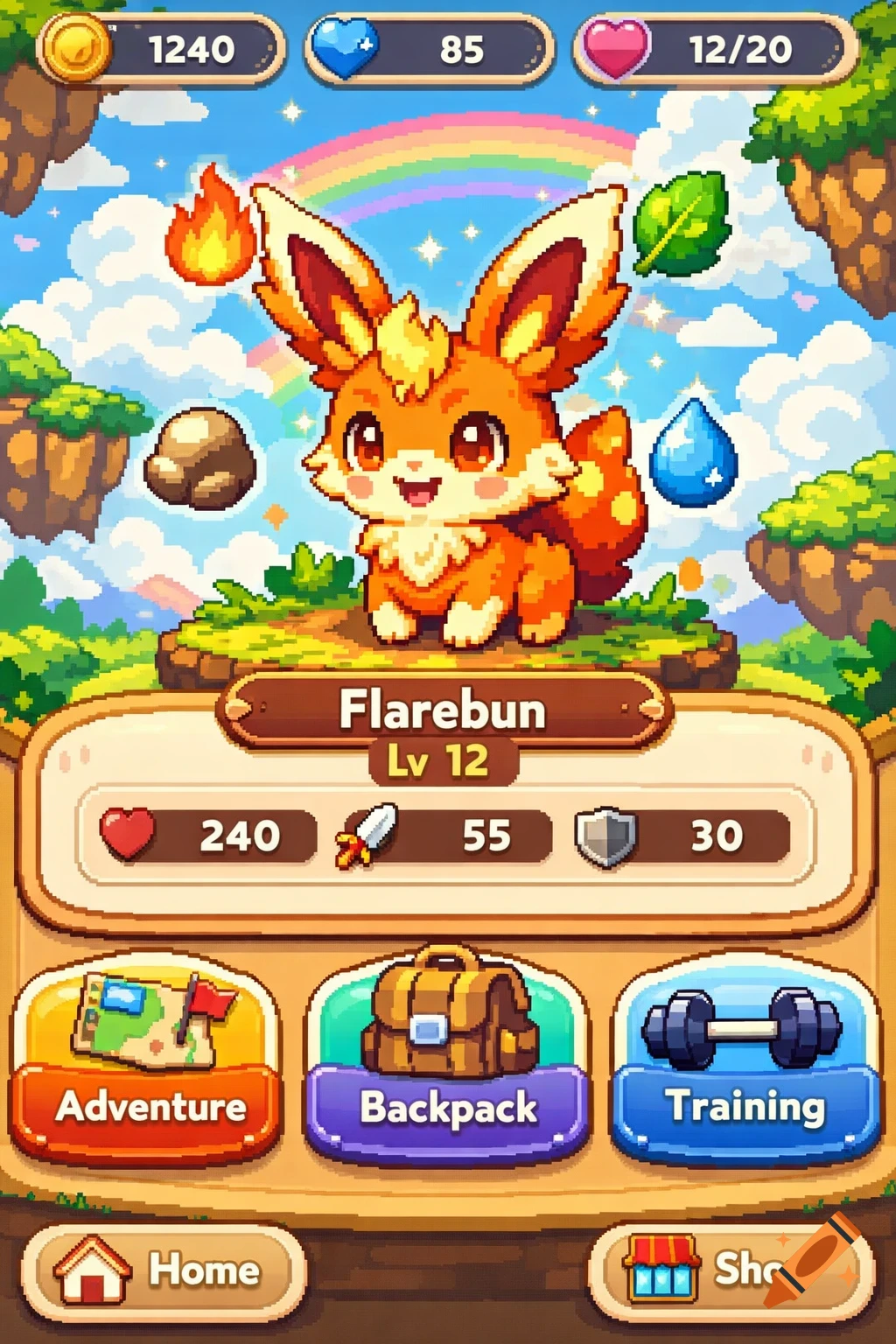 A colorful pixel art game UI for a pet-raising RPG, featuring a cute orange fox-like creature named Flarebun, stats, and navigation buttons.