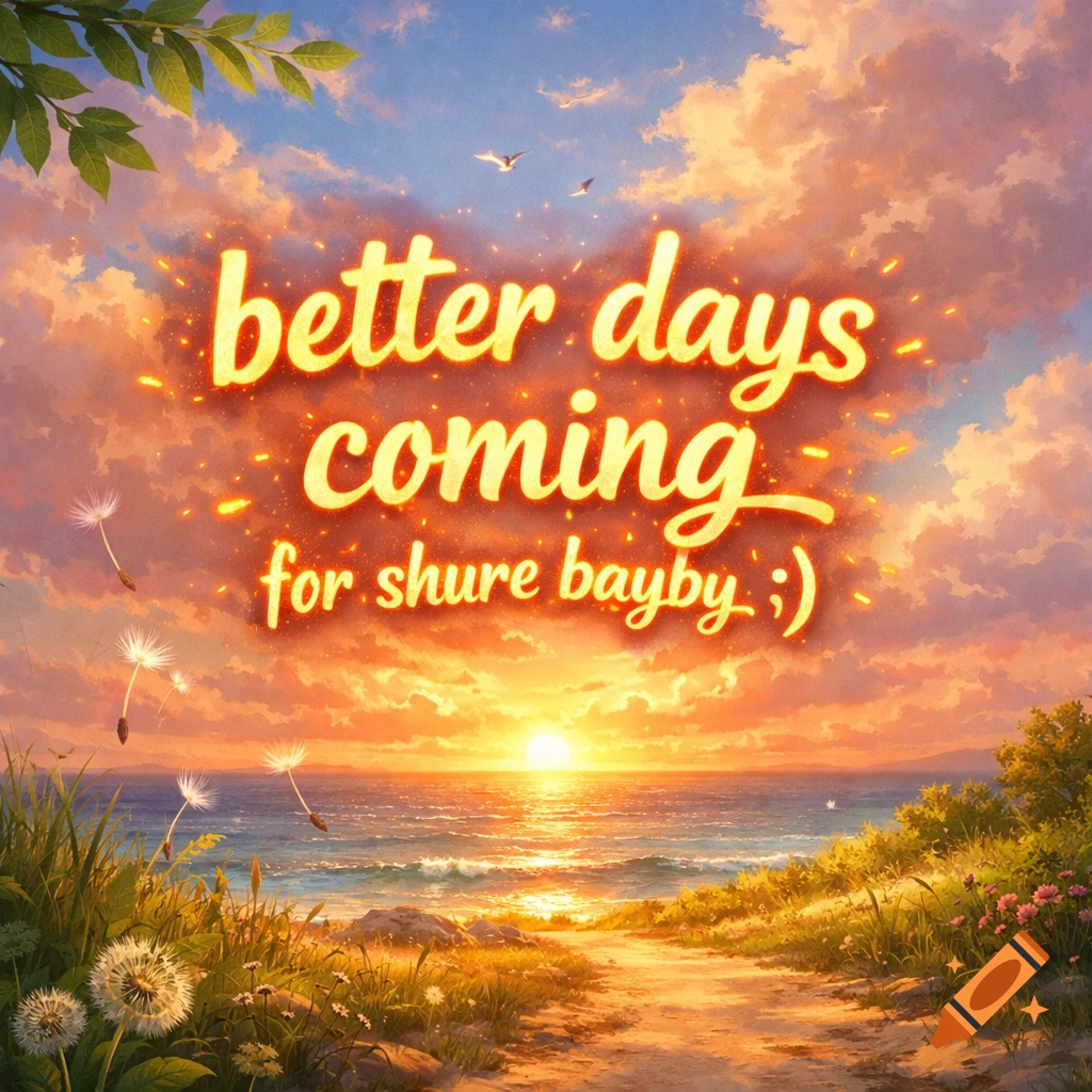 Glowing text "better days coming for shure bayby ;)" over a vibrant sunset ocean scene with a path and dandelions.