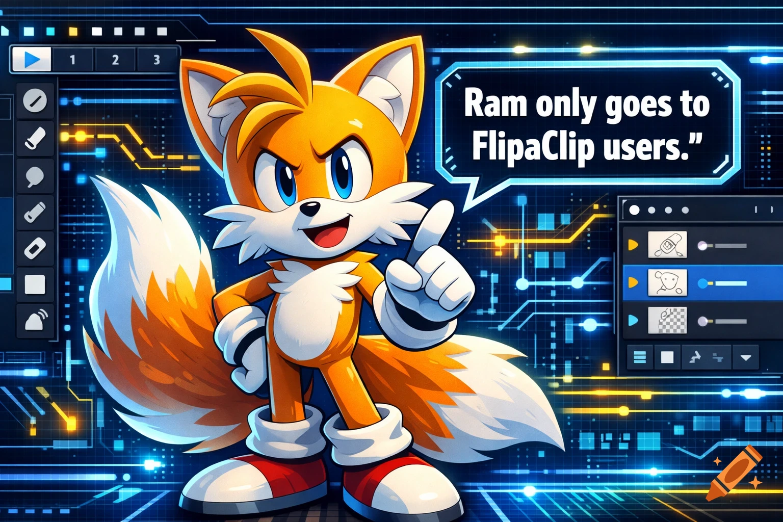 Tails, an orange and white fox from Sonic, points his finger while standing in front of a blue circuit board background, saying "Ram only goes to FlipaClip users."