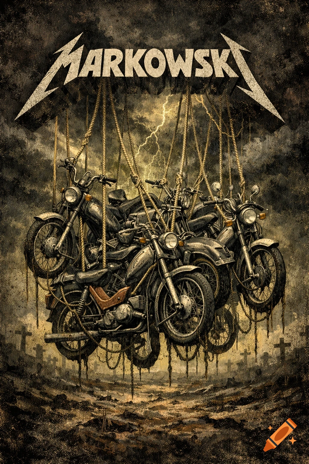 Gritty illustration of motorcycles hanging by ropes over a desolate graveyard with lightning, and \"MARKOWSKI\" text.