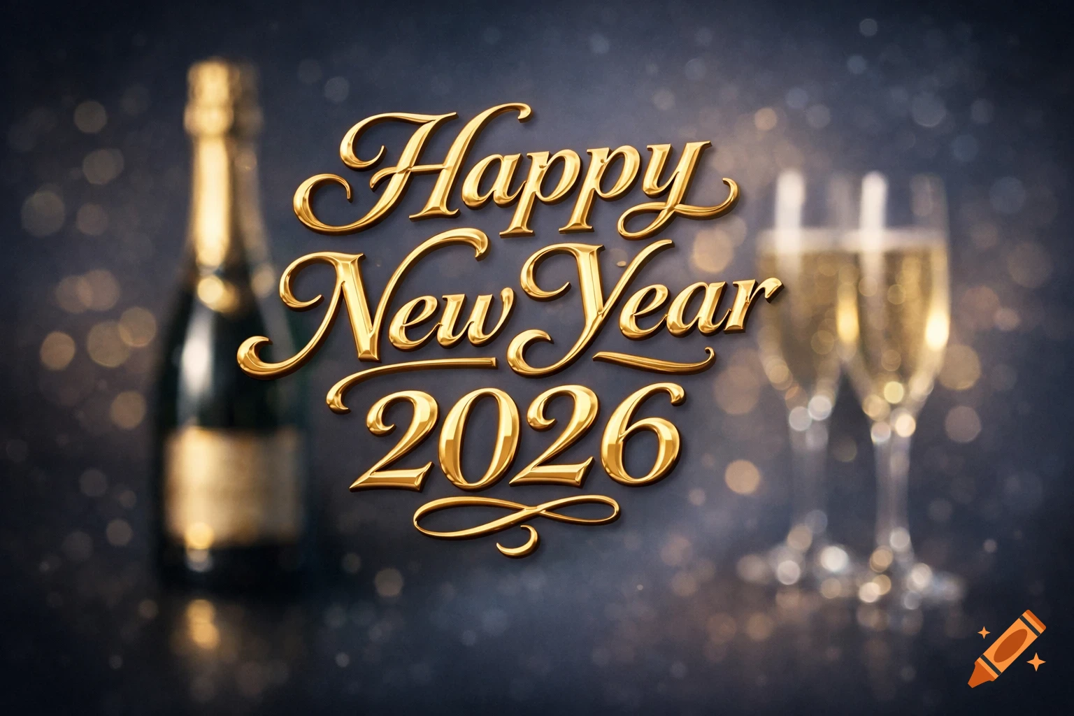 Golden 3D text 'Happy New Year 2026' with a blurred champagne bottle and two flutes in the background on a dark, sparkling bokeh setting.