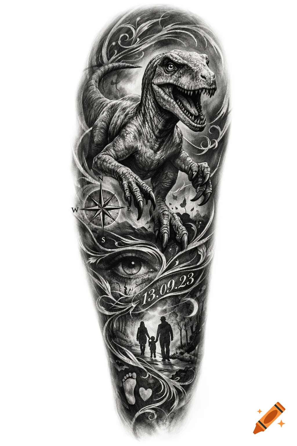 A detailed black and white tattoo sleeve design featuring a roaring Velociraptor, a compass, an eye, a family walking, and the date 13.09.23.