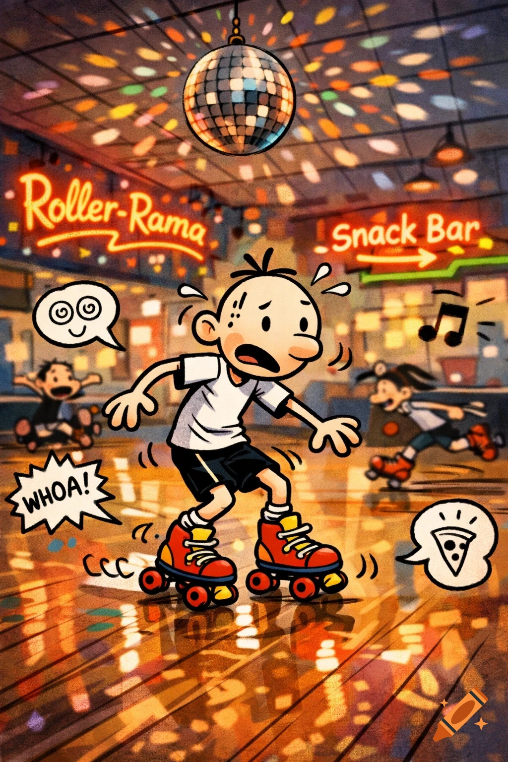 A cartoon boy in Diary of a Wimpy Kid style struggling to roller skate at a colorful roller rink with a disco ball.