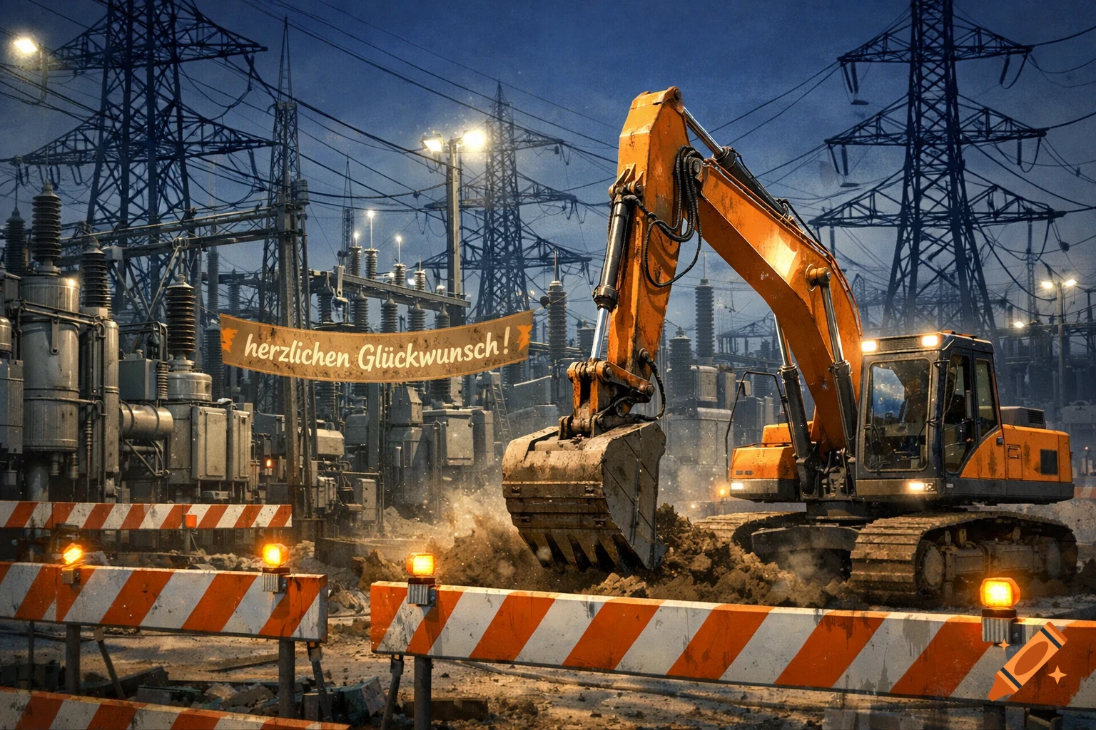 An orange excavator digs at a construction site with power lines, an electrical substation, and barriers at night. A banner reads "herzlichen Glückwunsch!".
