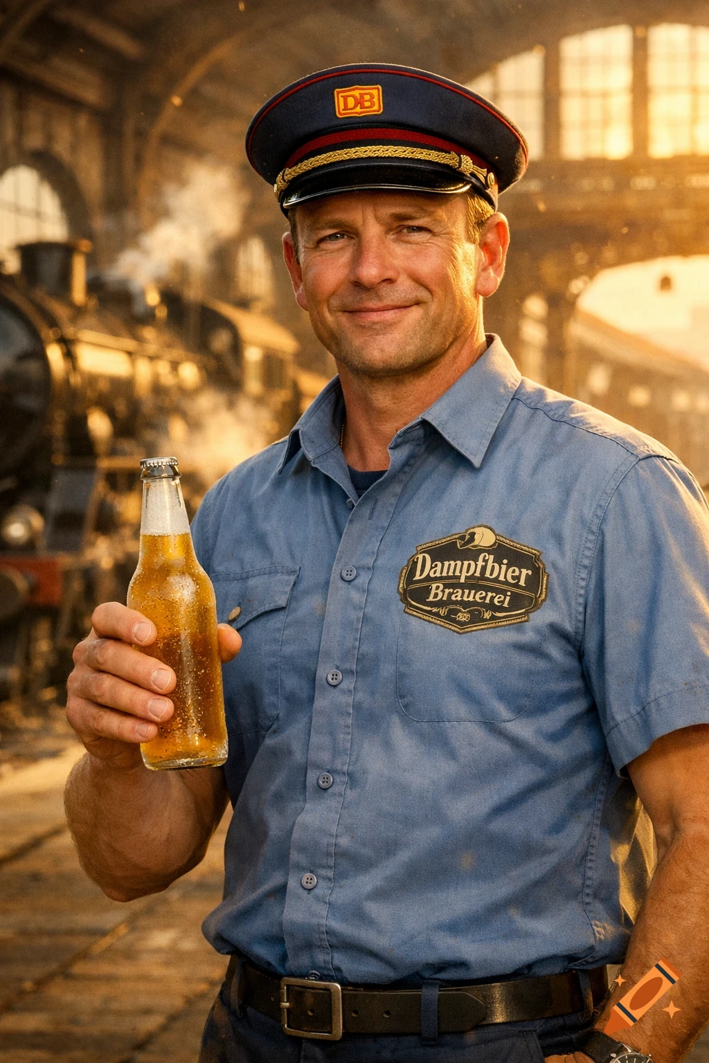 A smiling train driver in uniform holds a sweating beer bottle in a train station, with a steam locomotive in the background.