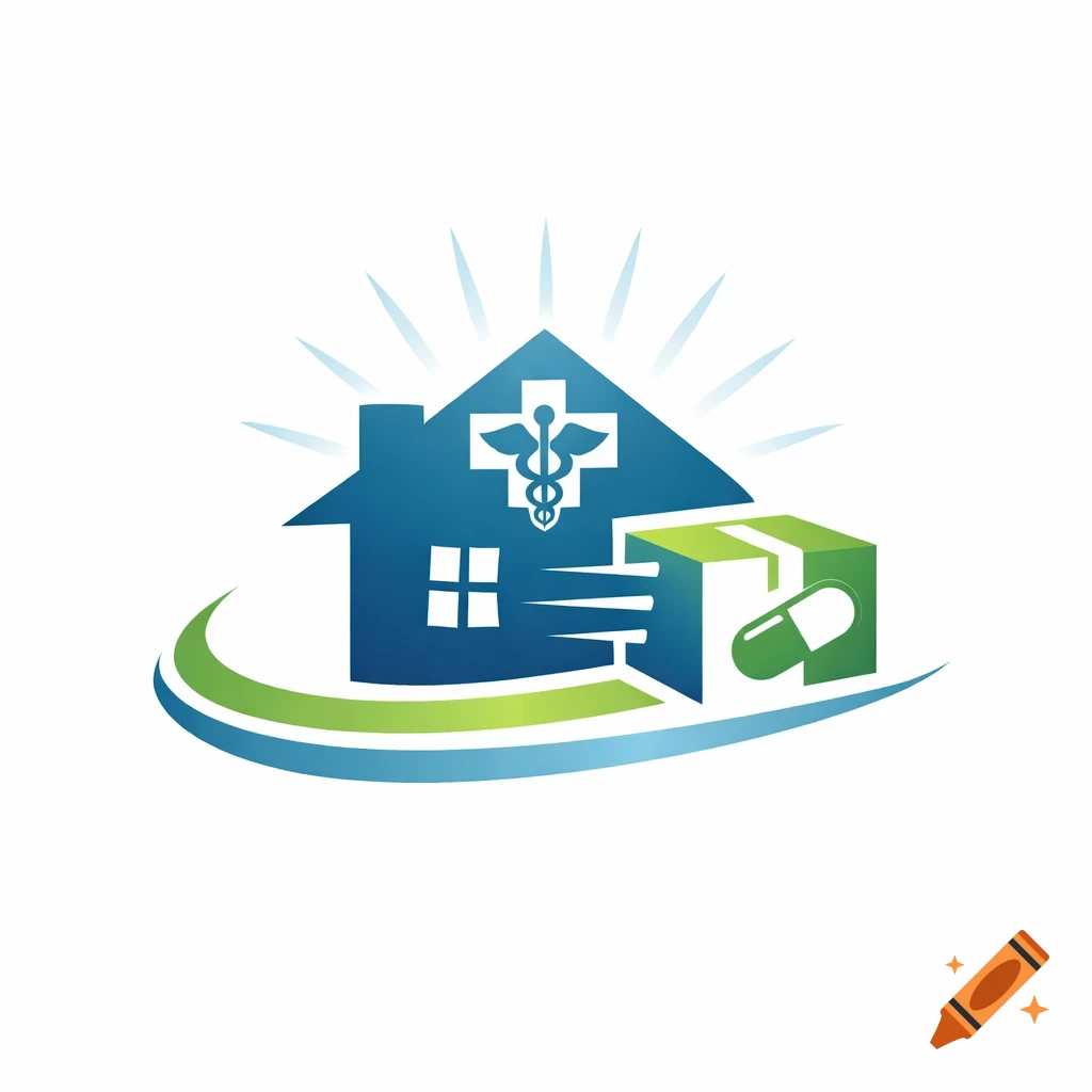 Logo of a blue house with a white medical caduceus symbol, a green delivery box, and a pill, encircled by blue and green swooshes.