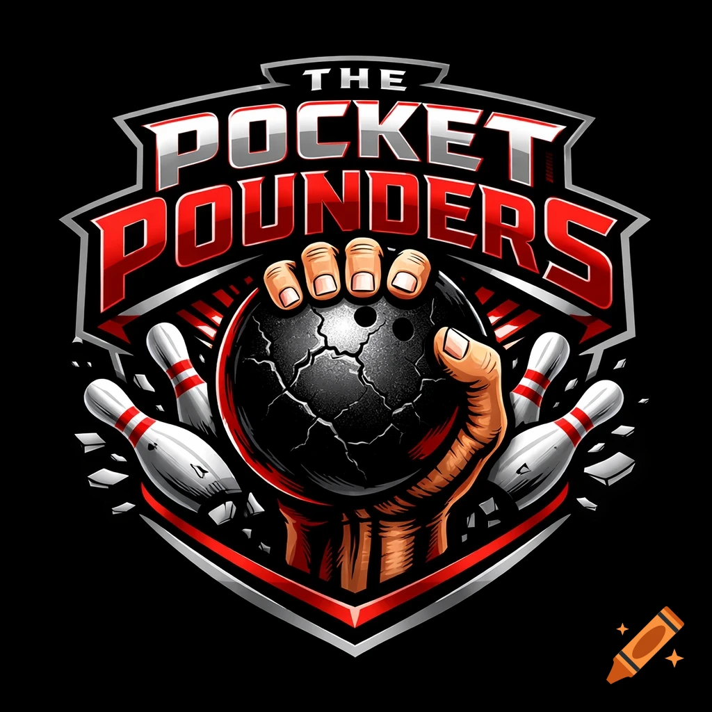 A stylized bowling logo featuring a hand holding a cracked bowling ball, pins shattering, and the text 'THE POCKET POUNDERS'.