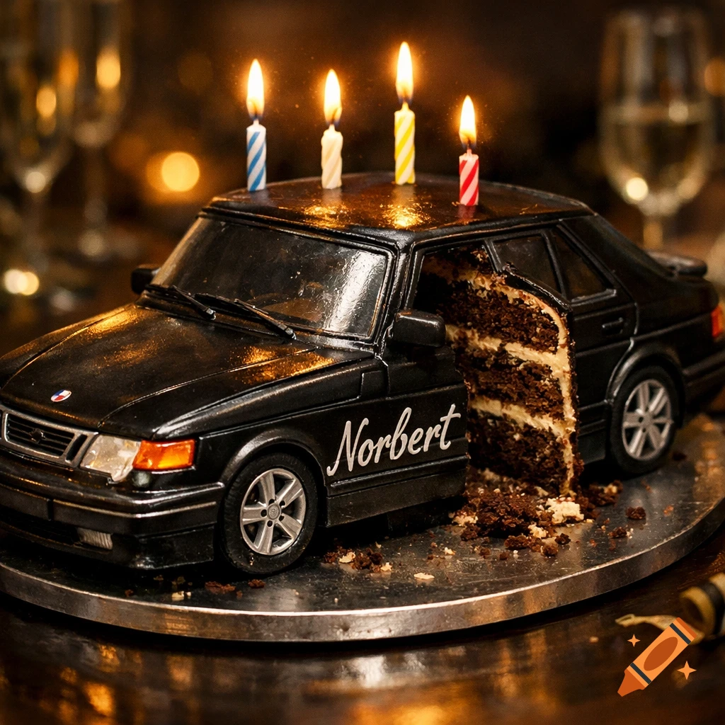 A black car-shaped birthday cake, sliced open to show chocolate layers, with 'Norbert' on the side and four lit candles on top.