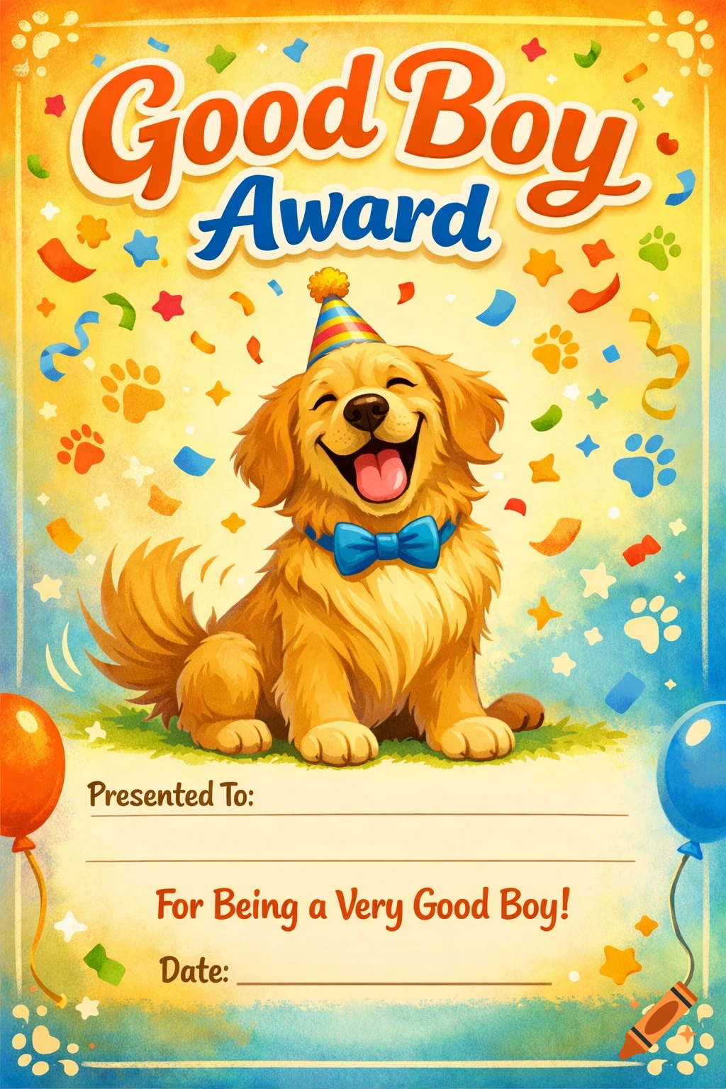 A colorful cartoon 'Good Boy Award' certificate featuring a happy golden retriever in a party hat and bow tie.