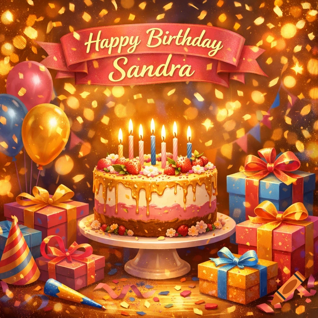 A festive birthday scene with a decorated cake, lit candles, colorful gifts, balloons, and falling confetti. A banner reads "Happy Birthday Sandra".