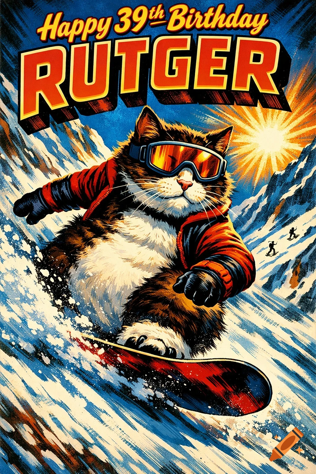Comic art birthday poster of a fluffy cat in ski goggles snowboarding down a snowy mountain, with "Happy 39th Birthday Rutger" text.