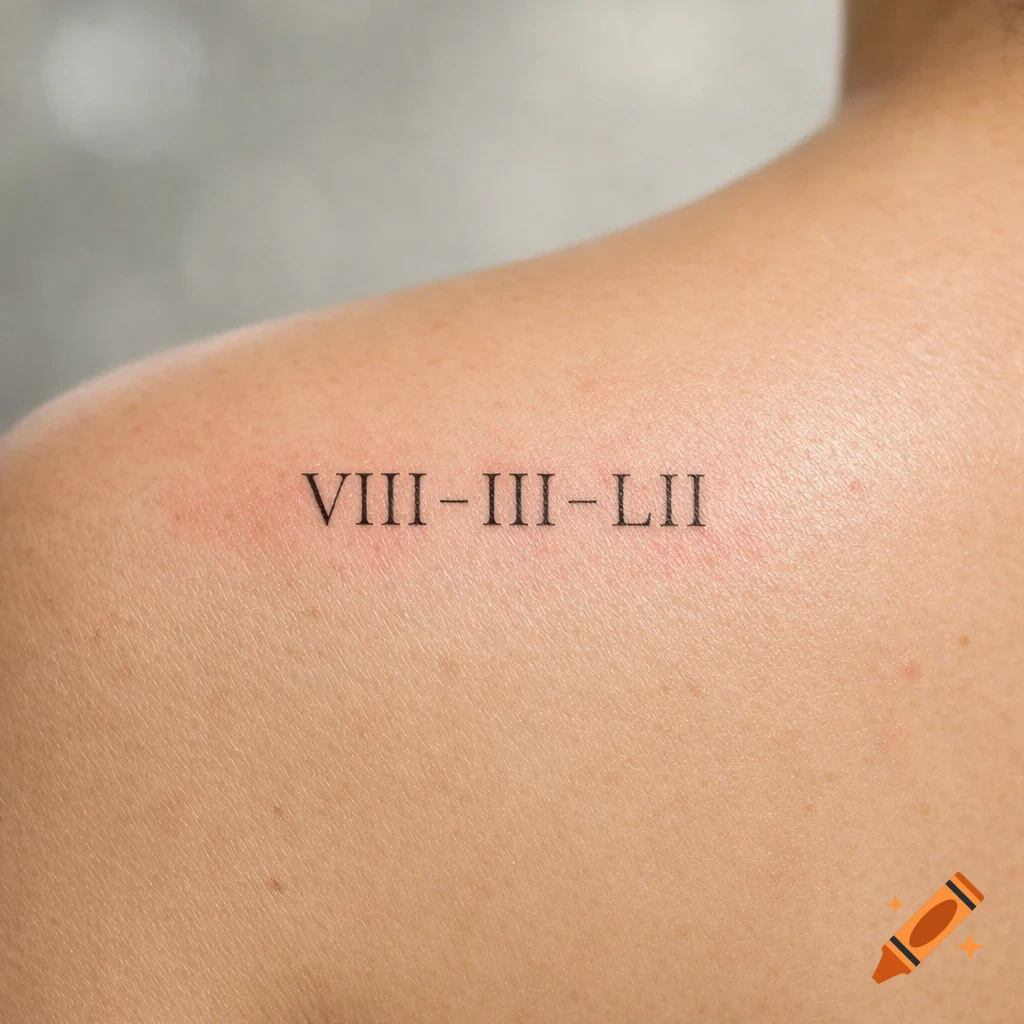 Close-up of a minimalist fine line tattoo of Roman numerals VIII-III-LII on a person's shoulder.