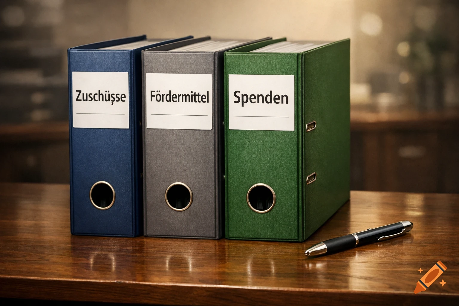 Three blue, gray, and green file folders labeled 'Zuschüsse', 'Fördermittel', 'Spenden' on a wooden desk with a pen, photorealistic.
