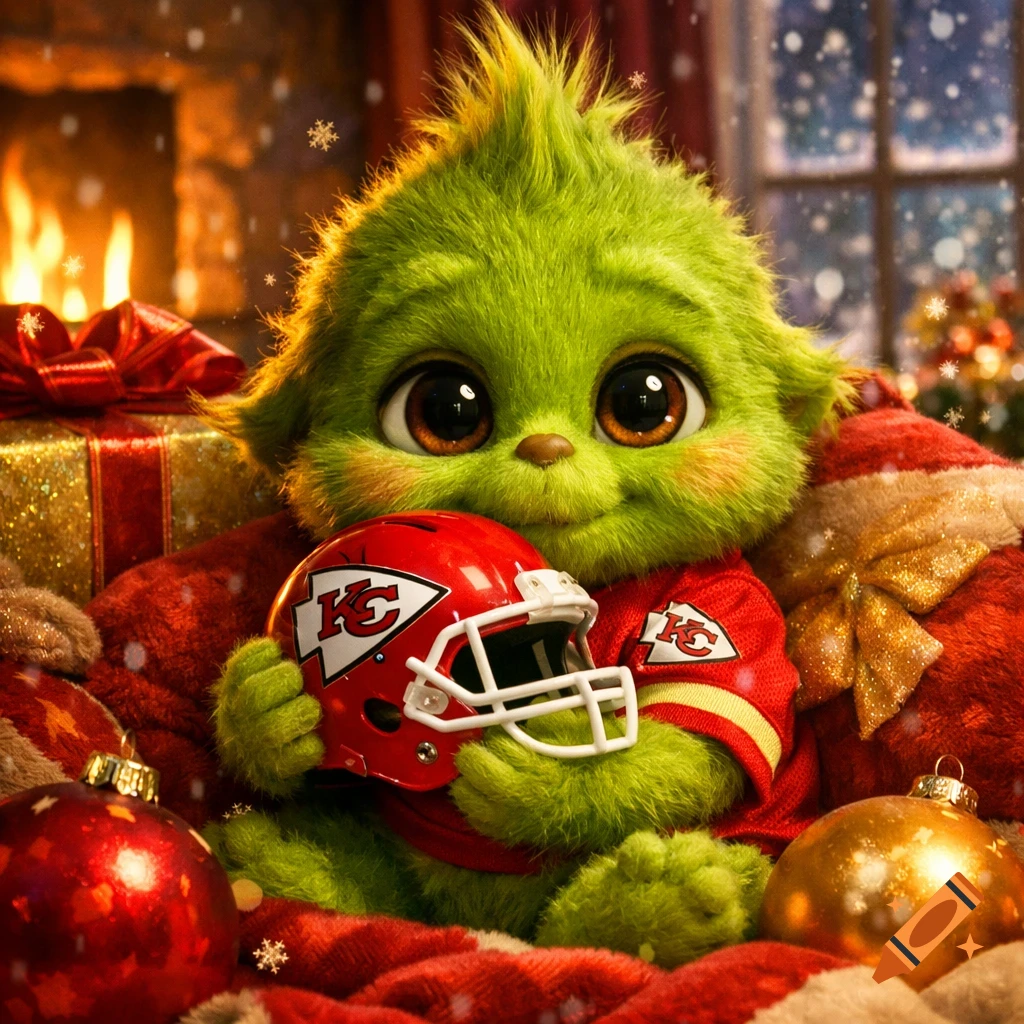 A cute, fluffy green creature, like a baby Grinch, in a red jersey, holds a red football helmet with a KC logo amidst Christmas decorations and falling snow.