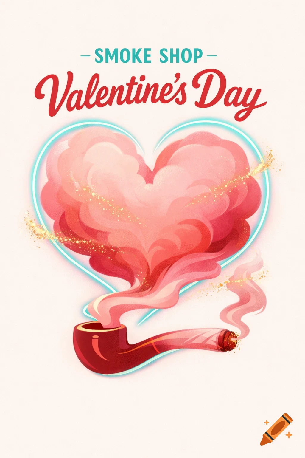 A stylized Valentine's Day flyer for a smoke shop, featuring a pipe and cigar emitting smoke that forms a heart shape. Text reads 'SMOKE SHOP Valentine's Day'.